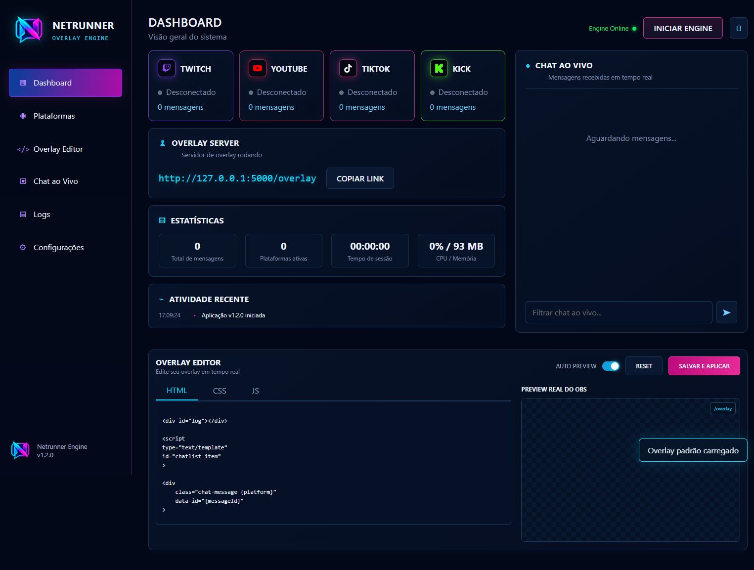 Dashboard do Netrunner Overlay Engine mostrando chats de múltiplas plataformas